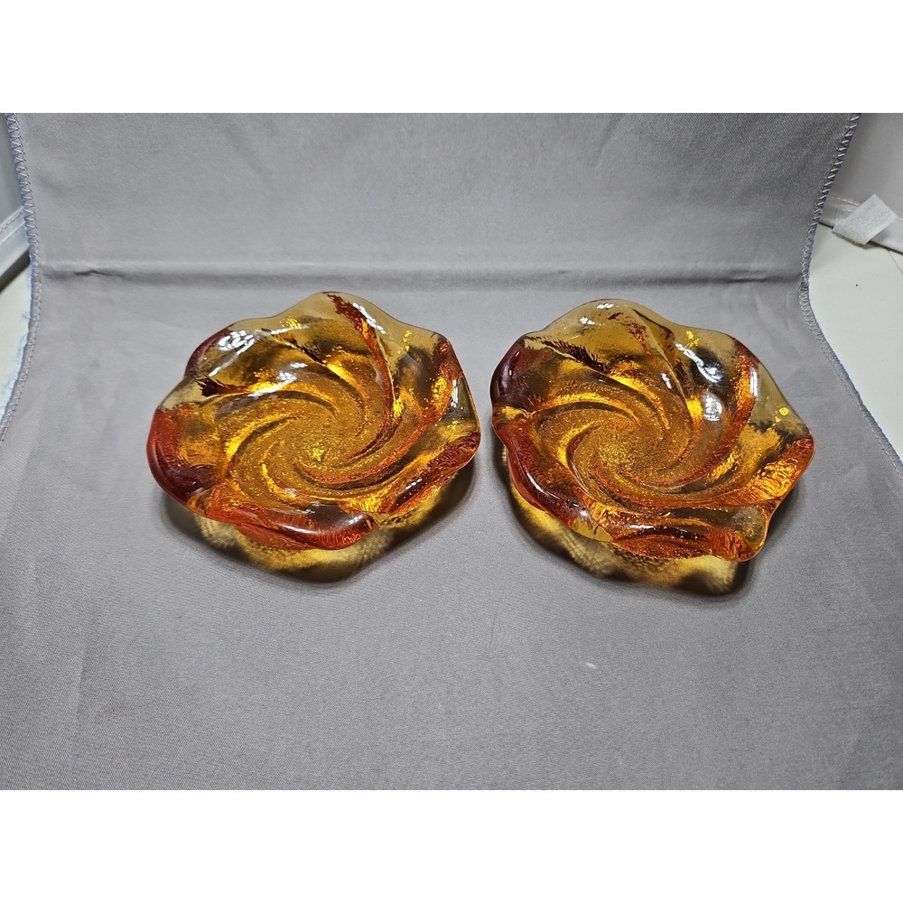 2 Fenton Amber Swirl Ashtray Candy Trinket Dish Art Glass Vintage MCM Yellow